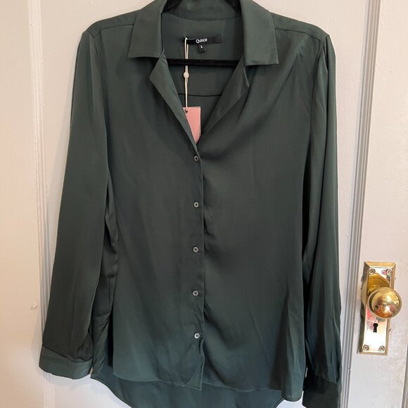 Quince Washable Stretch Silk Notch Collar Blouse, Forest Green - Picture 3 of 10